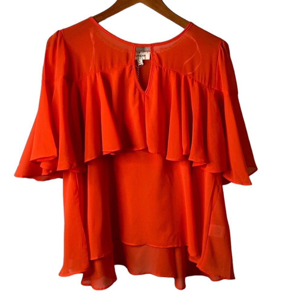 Umgee Ruffle Cape Flutter Short Sleeve Key Hole Flowy Blouse Top Lightweight